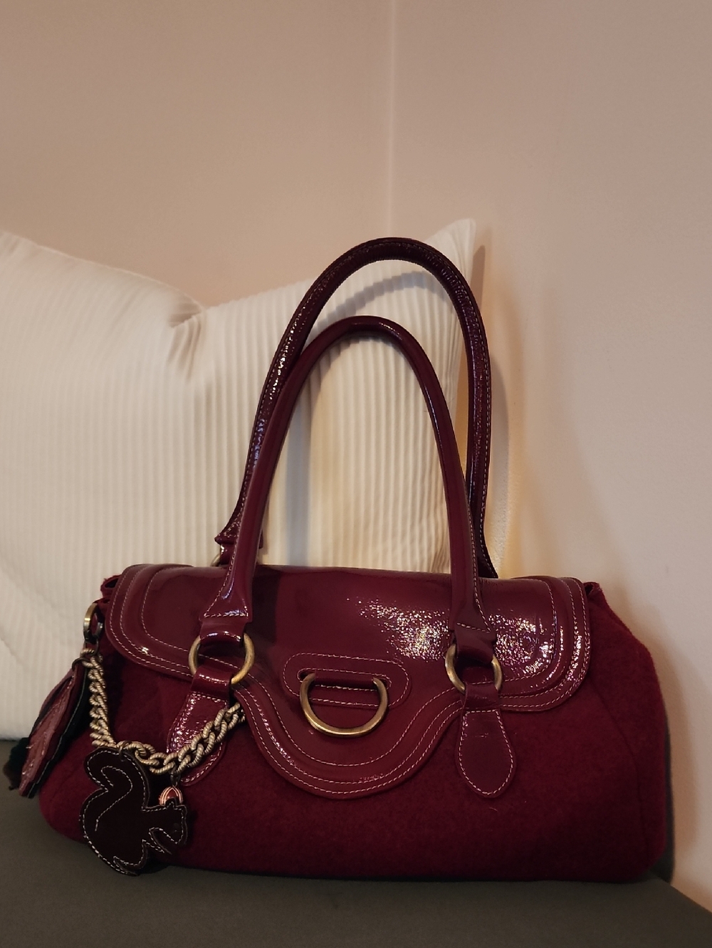 Sofia C Women’s Burgundy Patent & Wool Satchel Bag